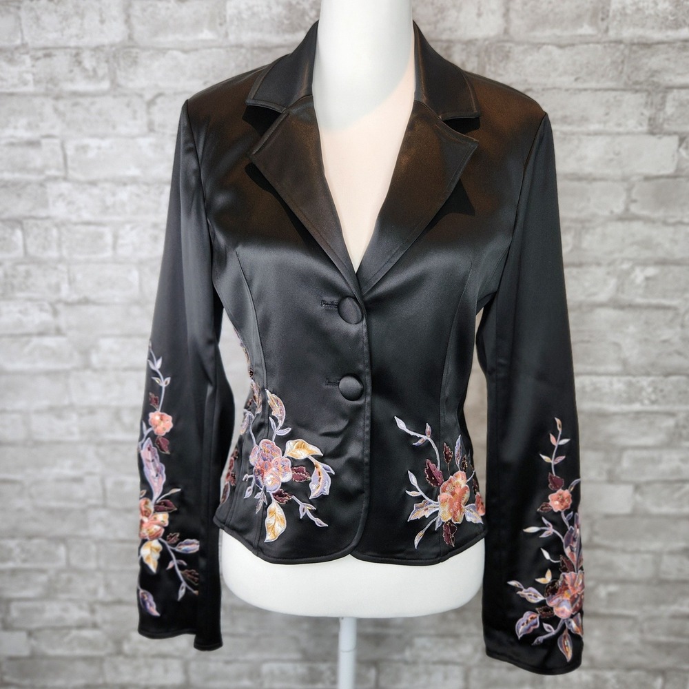 Vintage Adrianna Papell Jacket Black Satin Floral Embroidered Beaded Evening 8
